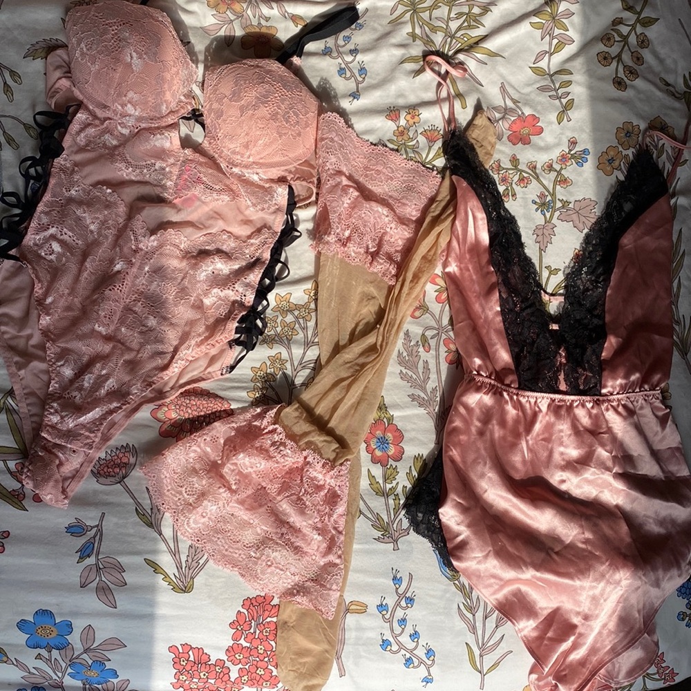 La Senza Pink Lingerie Body Suit and Romper with Lace Thigh High Hosiery